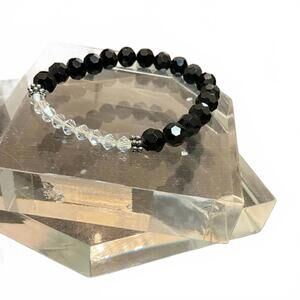 Jet black beaded stretch bracelet with crystal accent beads